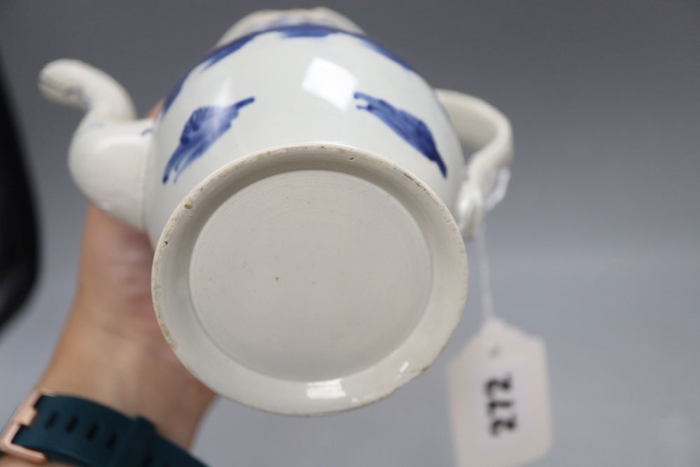 Two English blue and white tea / coffee pots, a Derby type pot pourri and a porcelain caddy